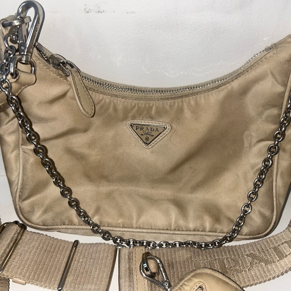 Prada Beige Nylon Shoulder Bag with Chain Strap - Picture 2 of 5